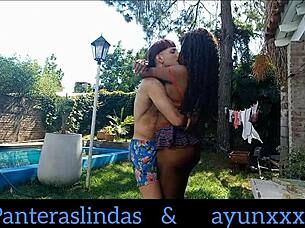 Ayun XXX and pretty panthers flirt in the garden, rubbing bodies! 😘