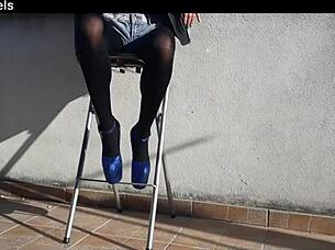 denim shorts black tights and gorgeous 8 inch heels