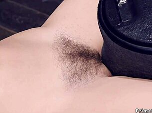 this blindfolded babe with hairy pussy is in device bondage 😈