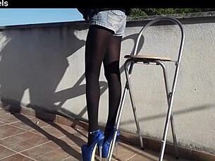 denim shorts black tights and gorgeous 8 inch heels