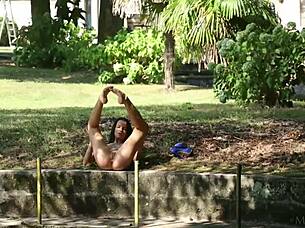 i pose as beautiful babe in blue outdoors