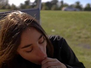 Teen licked and swallowed during outdoor road trip pov