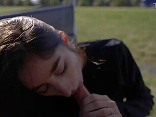 Teen licked and swallowed during outdoor road trip pov