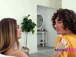 step family threesome with blowjob and dirty talk helps with stress. mother in law joins for pov kissing.