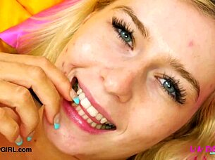 cute blonde model strips on sofa 😍