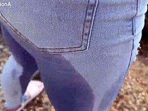 Boldly Drinking Pee and Wetting Jeans in Public Twice