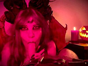 On Halloween, couple gets ROUGH with demon girl, starting with BLOWJOB and ending in DOGGYSTYLE