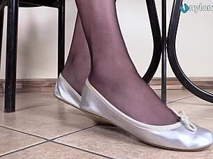 Leggy Brunette Showcases Pantyhose In Ballet Flats