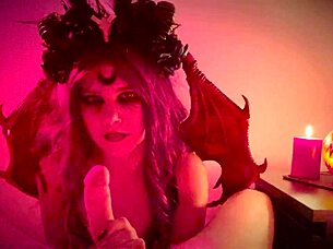 On Halloween, couple gets ROUGH with demon girl, starting with BLOWJOB and ending in DOGGYSTYLE