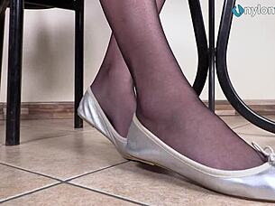 Leggy Brunette Showcases Pantyhose In Ballet Flats