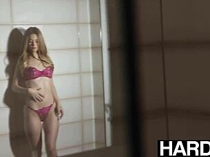 Tiny Molly Little rides big cock in lingerie