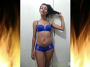 Beautiful Brunette Flashes in Blue Lingerie Trailer