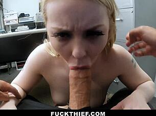 Teen gives into loss prevention officer's desires in garage