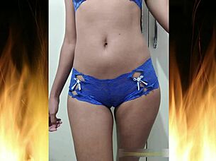 Beautiful Brunette Flashes in Blue Lingerie Trailer