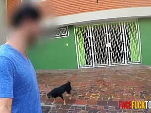 sexy brunette gets face fucked by random guy on street