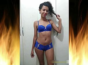 Beautiful Brunette Flashes in Blue Lingerie Trailer