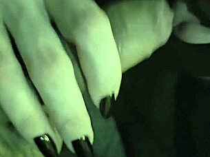 Goth blindfolded gives blowjob, gags