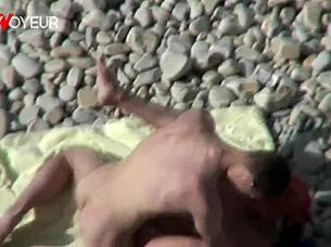 Beach voyeur catches busty cougar milf fucked by young guy!