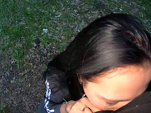 Sloppy Blowjob In Evening Park With Long Hair Slut.