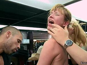 bound slave punished with public fucking in boutique