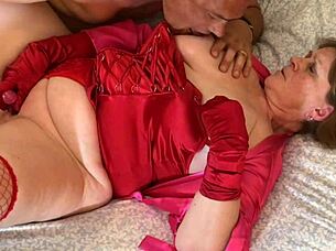 Granny enjoys red hot stix and dick for double cum