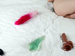 Stepsister shows off her dildo collection, so hot