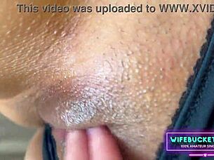 Horny girlfriend masturbates shaved pussy, fingering swollen clit in homemade lesbian scene