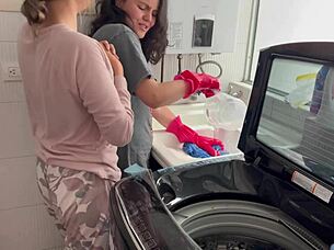 Look at these two lesbians having silent sex in the kitchen!