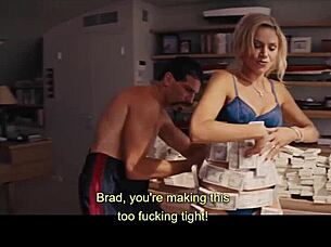 A milf shares a kiss with a brunette and blonde in missionary position.