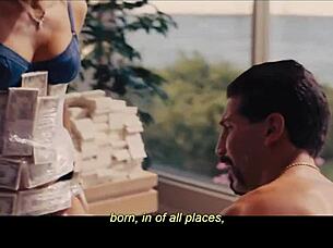 A milf shares a kiss with a brunette and blonde in missionary position.