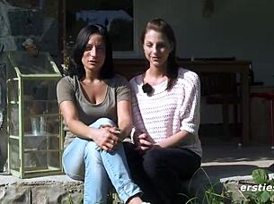 Lesbian babes enjoy sexy fun outdoors with shaved pussies and close-ups