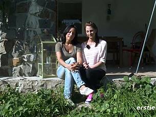 Lesbian babes enjoy sexy fun outdoors with shaved pussies and close-ups