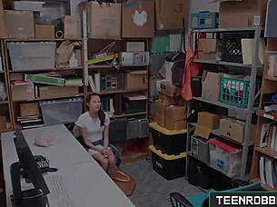 Shaved teen shoplifter gets roughly fucked by the creepy guard in the garage.