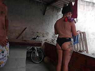 feeling provoked by the curvy latina maid in short jeans during workout