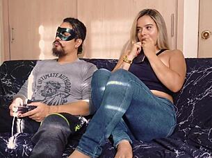 my stepbro pushes his big cock into my mouth while playing games