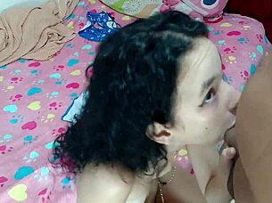 Hot stepsister deepthroats, then fucked hard in pussy, cum on face in amateur.