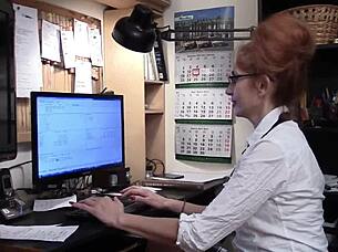 julia, the sexy secretary with big natural tits, masturbates at her desk during work hours