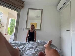 milf teases in leather then deepthroats muscular cock cowgirl creampie