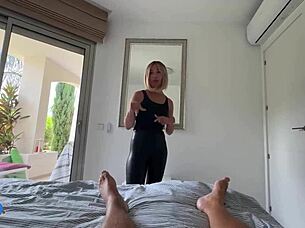 milf teases in leather then deepthroats muscular cock cowgirl creampie