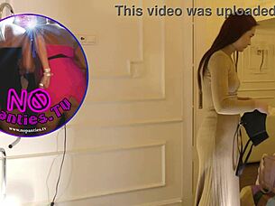 Hot sexy skinny girl meets lesbian girlfriend for fake porn shooting no panties