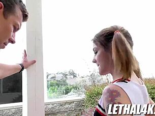 Slutty Cheerleader Rosalyn Sphinx Teases Jerry Kovak With Her Petite Ass