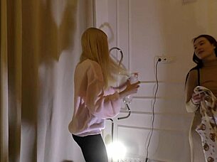 Hot sexy skinny girl meets lesbian girlfriend for fake porn shooting no panties