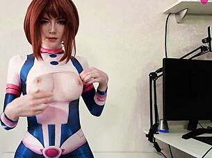 i'm ochaco uraraka, brunette with brown eyes, spreading my petite pussy after blowjob