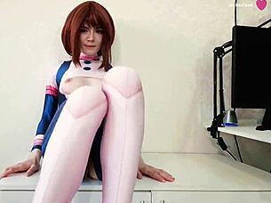 i'm ochaco uraraka, brunette with brown eyes, spreading my petite pussy after blowjob