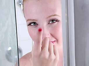 Green eyes blonde samantha rone uses her dildo in the shower for pleasure.