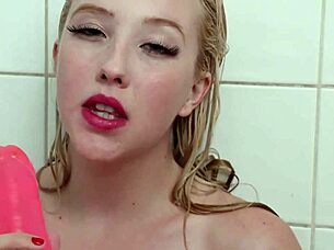 Green eyes blonde samantha rone uses her dildo in the shower for pleasure.