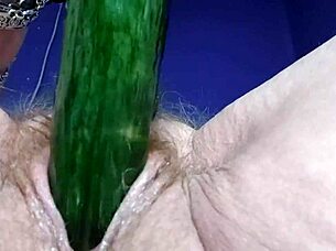 granny fucks hairy pussy and ass with cucumber