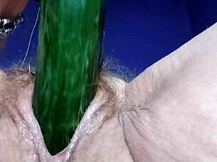 granny fucks hairy pussy and ass with cucumber