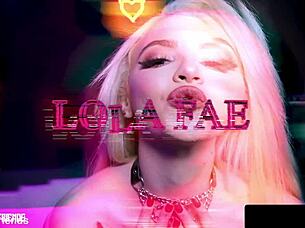 Lola Fae, with hairy beaver and tattoos, loves giving footjobs and getting cum on small tits.