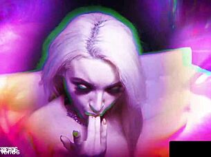 Lola Fae, with hairy beaver and tattoos, loves giving footjobs and getting cum on small tits.